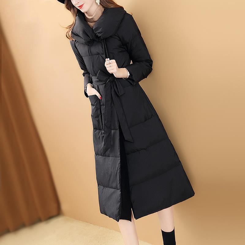 Over The Knee Long Ladies Imitation Down Jacket Winter Black Simple Lace Waist Thick Padded Jacket