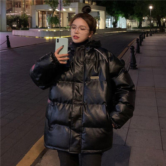 Winter Thickened PU Leather Padded Jacket Women's Loose Warmth and Windproof Hooded Bread Jacket Winter Thickened Warmth Padded Jacket