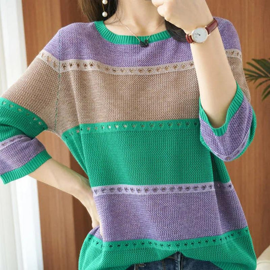 Spring Striped Hollow Ladies Knitwear Thin Knit Mid Sleeves Round Neck Loose