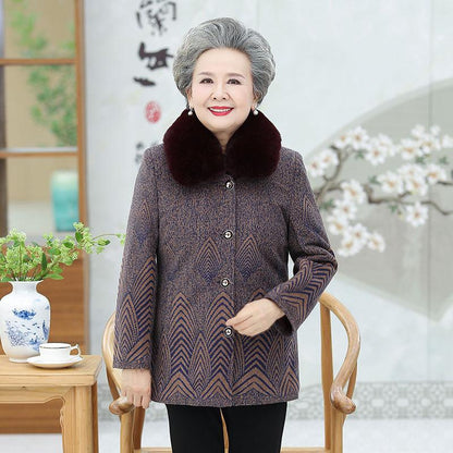 Autumn Winter Clothing Outer Plus Velvet Thick Woolen Clothes Middle-aged and Elderly Cotton-padded Clothes Women