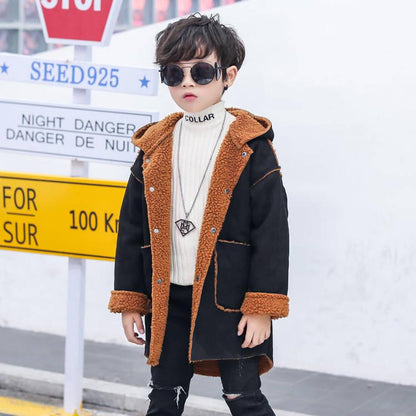 Boy's Coat Autumn and Winter Thickened Children's Woolen Coat Plus Velvet Thick Windbreaker