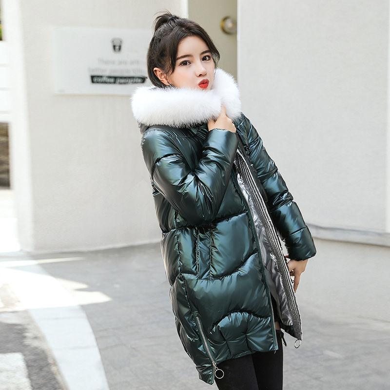 Winter Women Mid-length Parkas Jackets Casual Female Thicken Warm Hooded Jackets Coat Windprood Shiny Parka Coat with Fur Collar