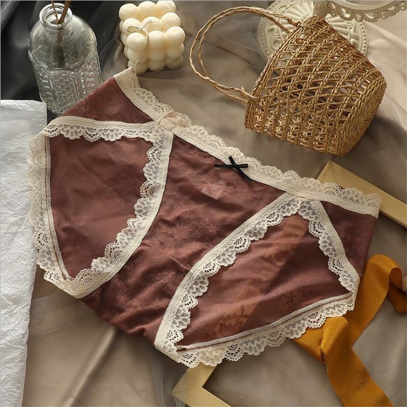 5Pcs/Set Spring Summer Lace Underpants Ladies Large Size Ice Silk Panties Solid Color Low Waist Seamless Briefs