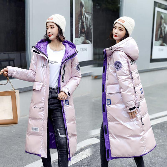 Autumn and Winter Long Women's Coat Shiny Down Jacket Ladies Thick Warm Parka Coat Ladies Down Hooded Jacket Women