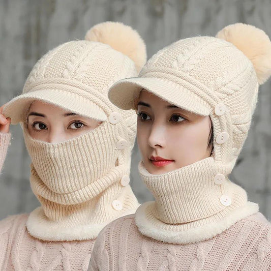 Women's Plush Thick Hat Mask Bib One Piece Cap Winter Warm Woolen Hat Cycling and Windproof Knitted Hat Fur Ball Handmade Wool Cap Button Scarf Set