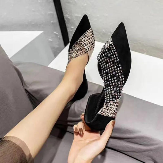 Women's Shoes Summer Sexy Side Hollow Flat Shoes Female Pointed Toe Baotou Rhinestone Hollow Single Shoes