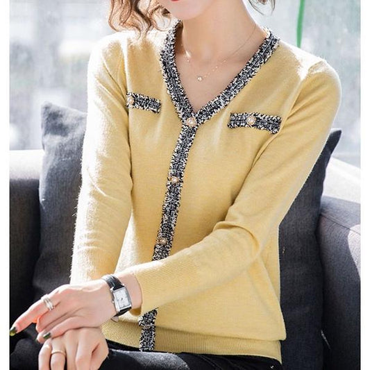 Autumn and Winter Pullover V-neck Raw Edge Stitching Long-sleeved Knit Sweater Loose Bottoming Top Women