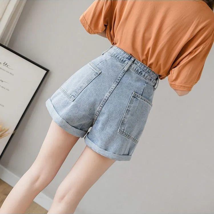 WTEMPO Women Loose High Waist Denim Shorts Wide Leg A-line Thin Curled Bottom Casual Shorts