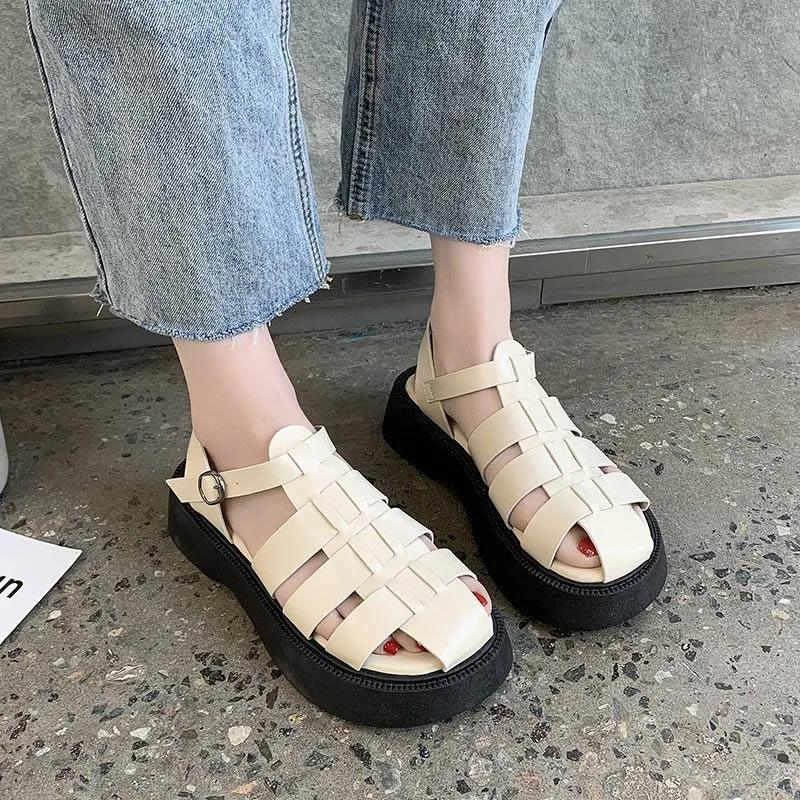 Hollow Baotou Wild Buckle Belt Sweet and Fresh Thick-soled Simple Sandals Women's Roman Shoes Women's Thick-soled Non-slip Sandals