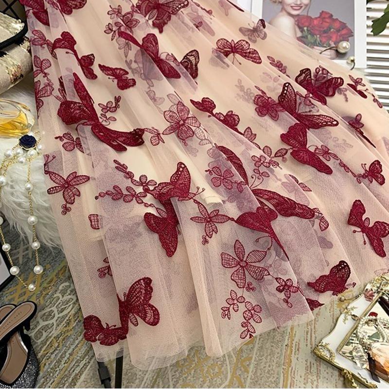 Butterfly embroidery Women Chiffon Skirt Mid-length A-line Skirt Plus Size Fairy Skirt Summer Ruffled Elastic Waist Sandy Beach Vacation Daily