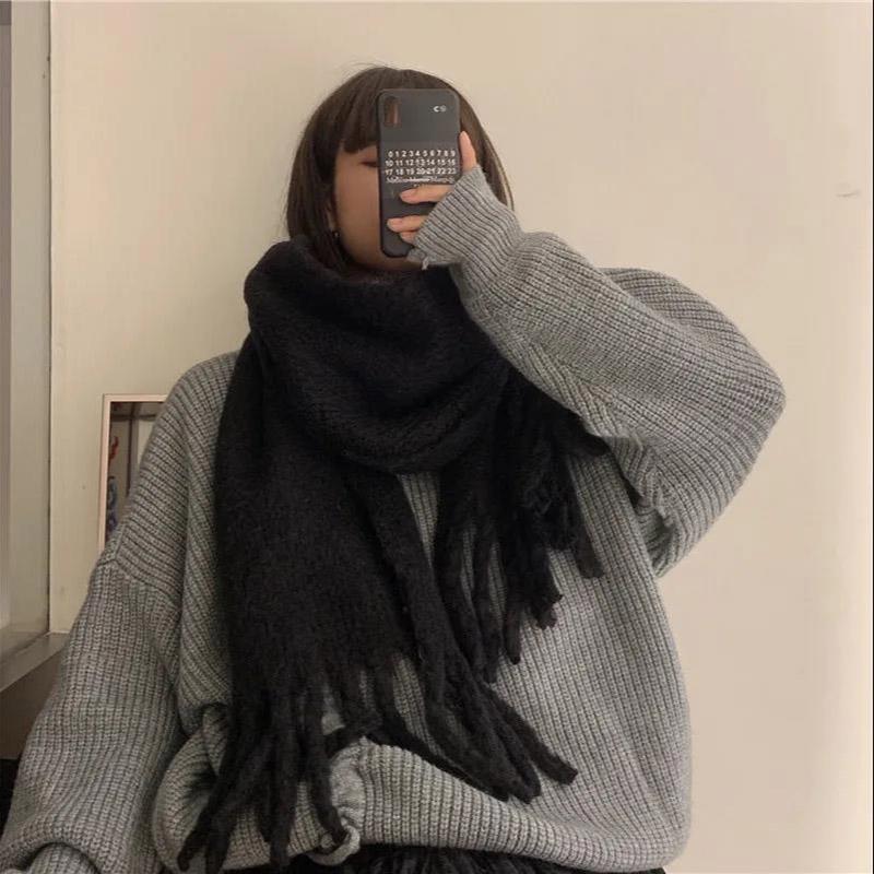 Winter Women's Scarf Fashion Solid Color Tassel Knitted Scarf Dual-use Lengthened Thick Shawl Scarf