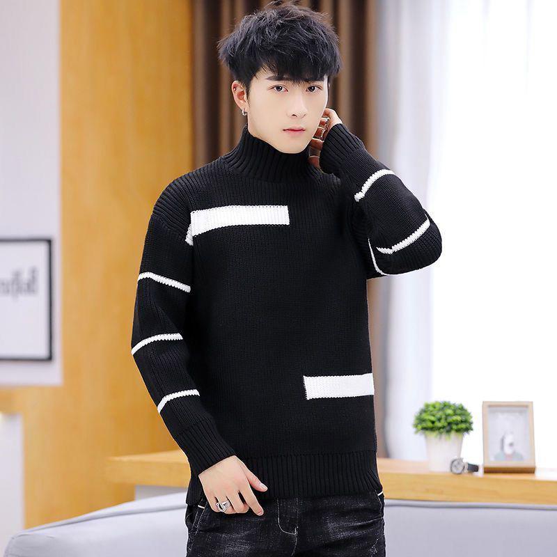 Spring and Autumn Striped Casual Round Neck Sweater Personalized Half High Neck Splicing Color Sweater