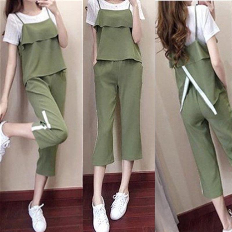 Ladies Suit Three-piece Suit Suspenders Short-sleeved T-shirt Casual Pants Ladies Outdoor Leisure Suit Cotton Fabric Absorbent and Breathable