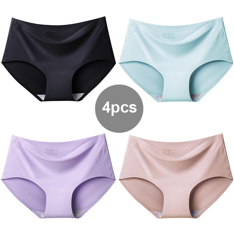 4PCS Summer Sexy Panties Women's Lingerie Solid Female Underwear Ice Silk Cool Ladies Briefs Comfort Seamless Pants