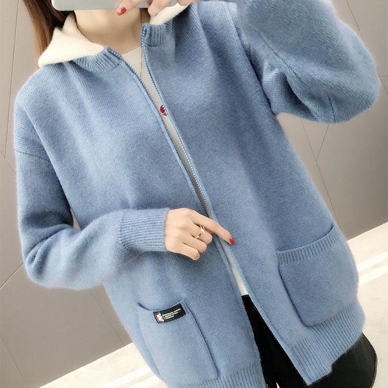 Autumn and Winter Cardigan Hooded Coat Loose Contrast Color Knitted Sweater Zipper Casual Women's Top