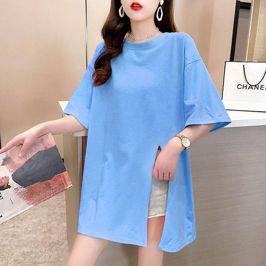 Long Short Sleeve T-shirt Loose Cotton Color Candy Color Ladies Long Loose Short Sleeve Casual T-Shirt Irregular Split T-Shirt Women