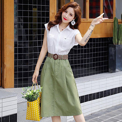 2PC Suit Stand-up Collar Short-sleeved Shirt+ Chiffon Dress Women's Summer French Retro Skirt Fabric Light and Breathable