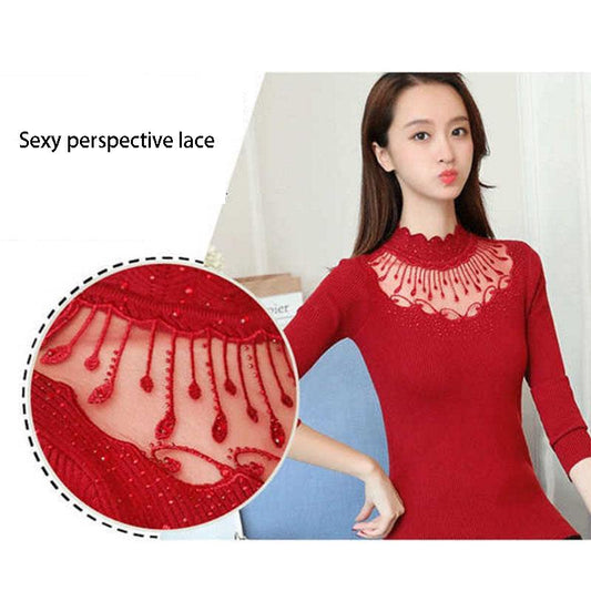 Pofulove Winter Turtleneck Sweater Women Lace Rhinestone Long Sleeve Bottoming Sweater Slim Knit Pullover