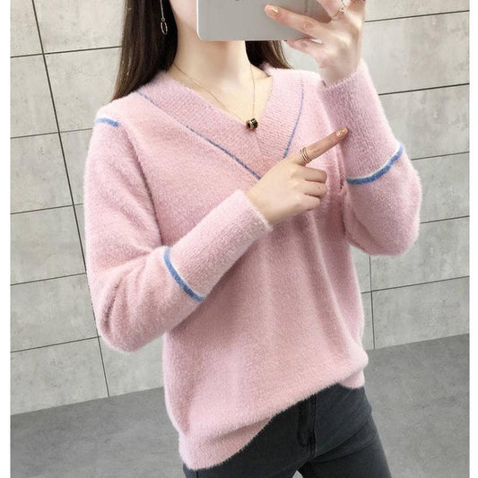 Autumn and Winter Mohair Sweater Loose Casual V-neck Tops Fashion Knitted Women's Bottoming Shirt