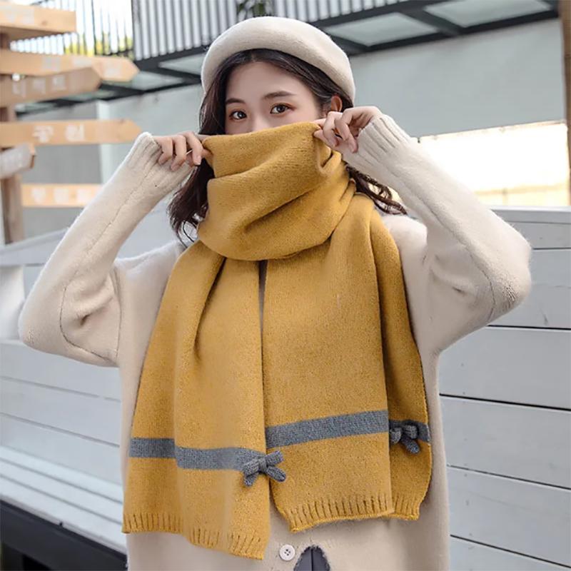 Wool Knitted Scarf Female Autumn and Winter Korean Style Warmth Striped Bow Student Wool Scarf