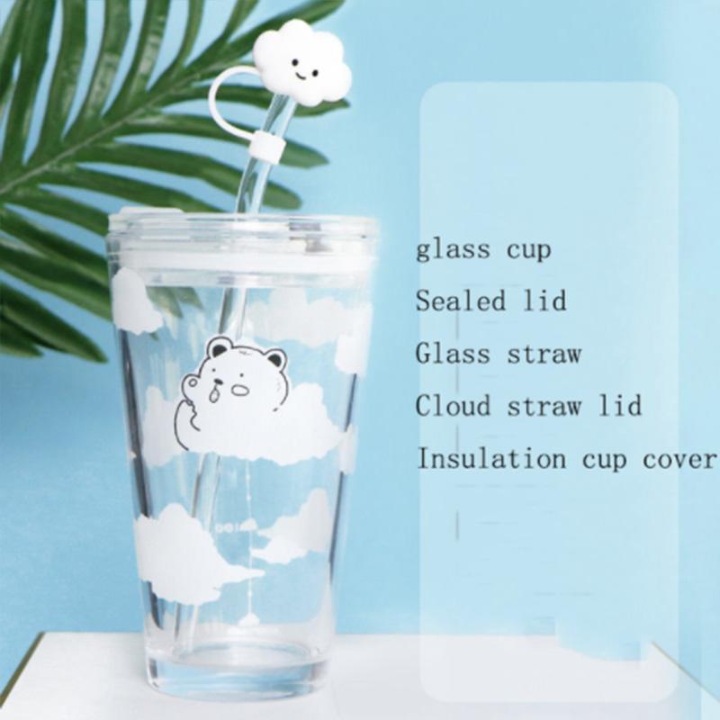 480ml Glass Water Bottle with Straw Cartoon Clouds Straw Cup Leakproof Portable Drinking Bottle with A Sealing Cap Lid