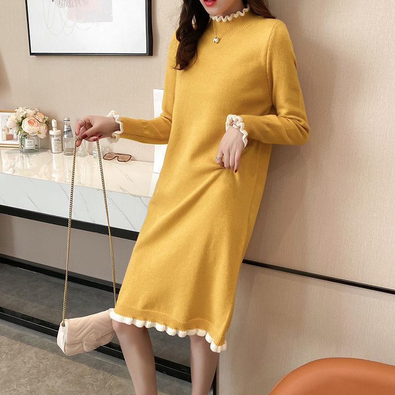 Autumn and Winter Retro Knitted Dress Mid-length Loose Over The Knee Base Skirt Fashion Casual Women Sweater Dress