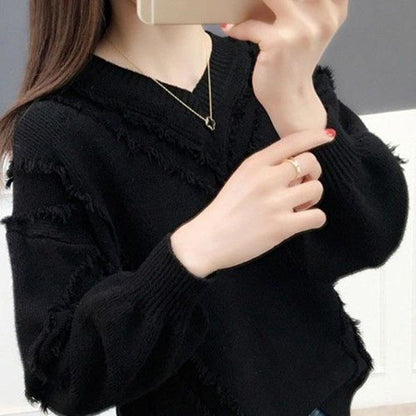 Spring and Autumn V-neck Sweater Pullover Solid Color Long-sleeved Casual Jacket Loose Young Women's Bottoming Shirt