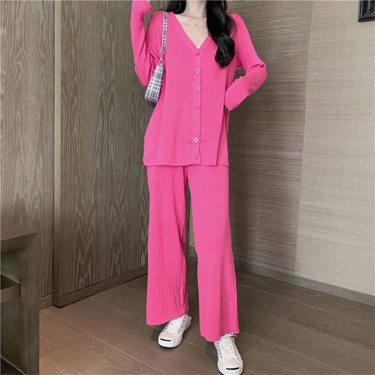 2021 Spring and Autumn Knitted Suit V-neck Cardigan Jacket + Casual Straight Wide Leg Pants Two-piece Female