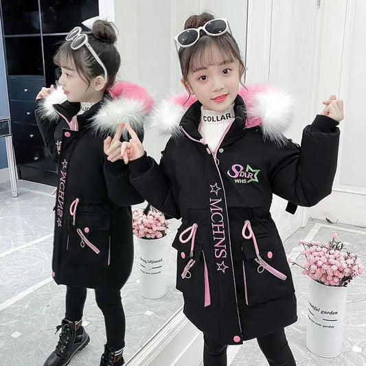 Girls' Warm Cotton Coat Thicken Coat Mid-length Cotton-padded Jacket with Color Fur Collar