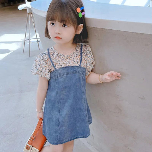 Girls Dress Summer Floral Skirt Western Style Baby Girl Short-sleeved Denim Princess Dress