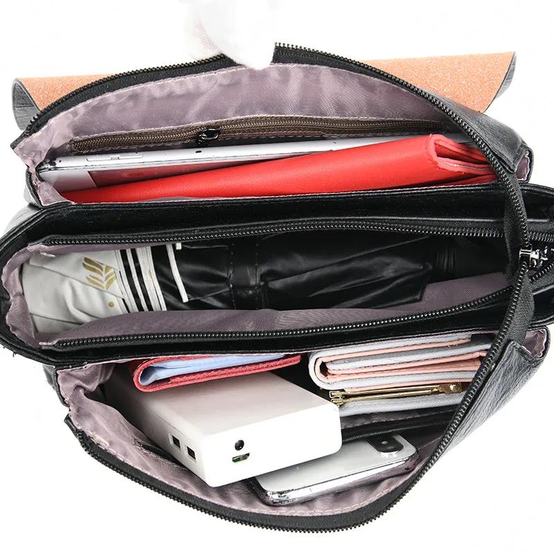 Real Cowhide Women Leather Bag Casual Female Crossbaby Bag Portable Multi-Layer Large Capacity Soft Surface Two Belts 5 Colors Removable Belt