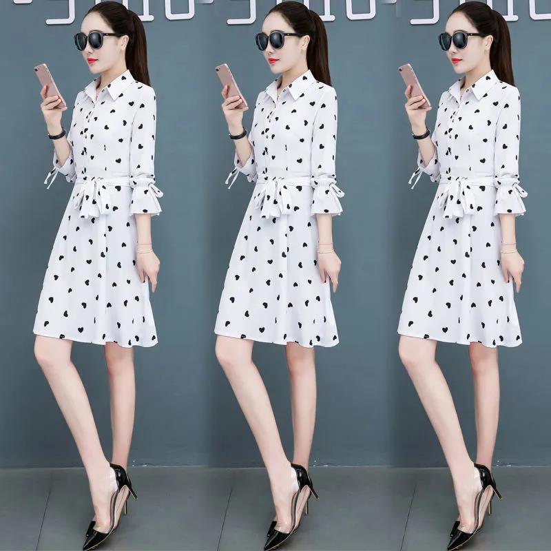 Spring  Autumn Women Heart Printed Long Sleeve Shirt Dress OL Style Knee-length  A-line Dress Plus Size M-5XL