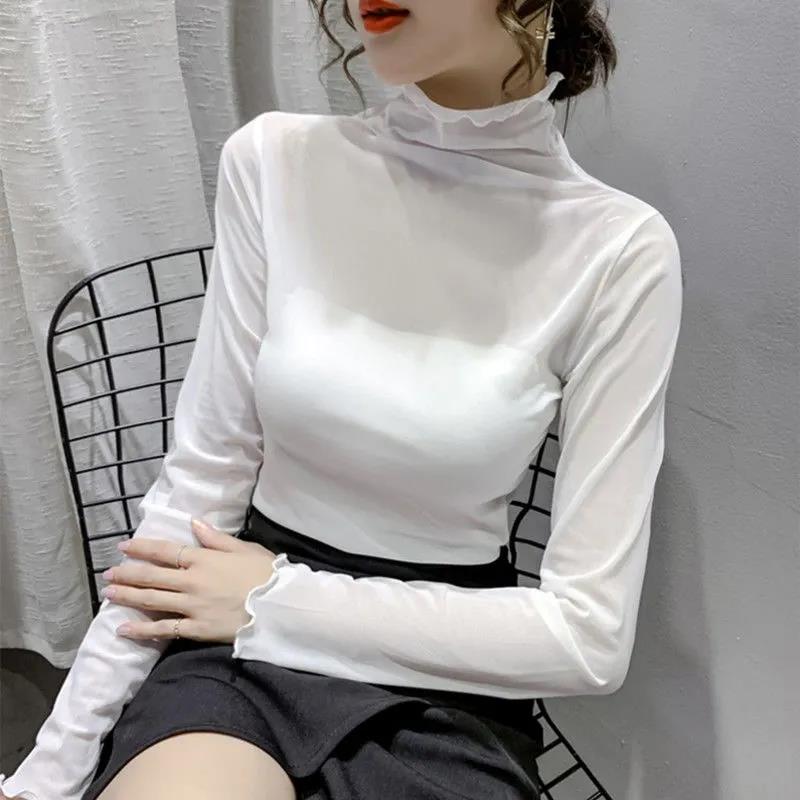 Sexy Women T Shirt See Through Transparent  Tops Long Sleeve Sheer Slim Ladies Turtleneck T-Shirt New Arrival Women Pullover