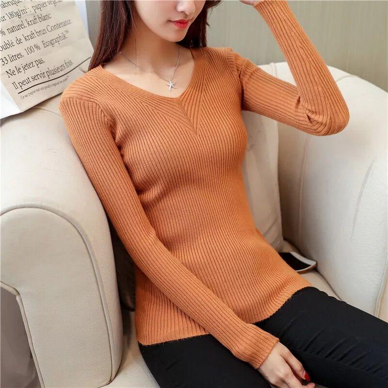 V-neck Sweater Women's Spring and Autumn Section Warm Sweater Bottoming Shirt  Long-sleeved Shirt