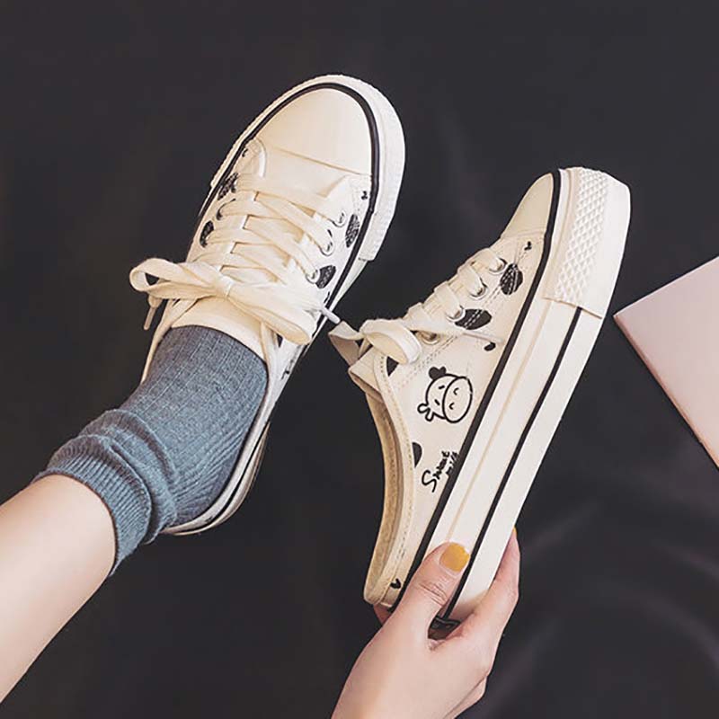 No Heel Half-drag Canvas Shoes Female Cow Korean Students All-match Lazy Thick-soled Increased White Shoes