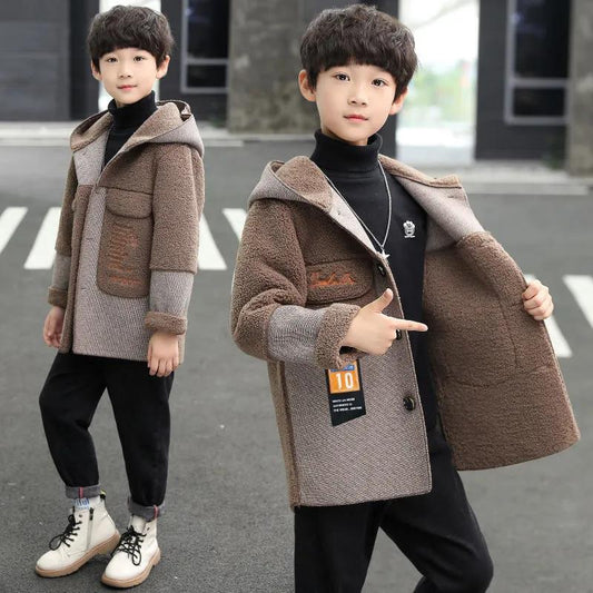 Children's Clothing Boys Woolen Coats In The Long Section of Autumn and Winter In The Big Boys Boys Woolen Coat Plus Velvet Thick Coat