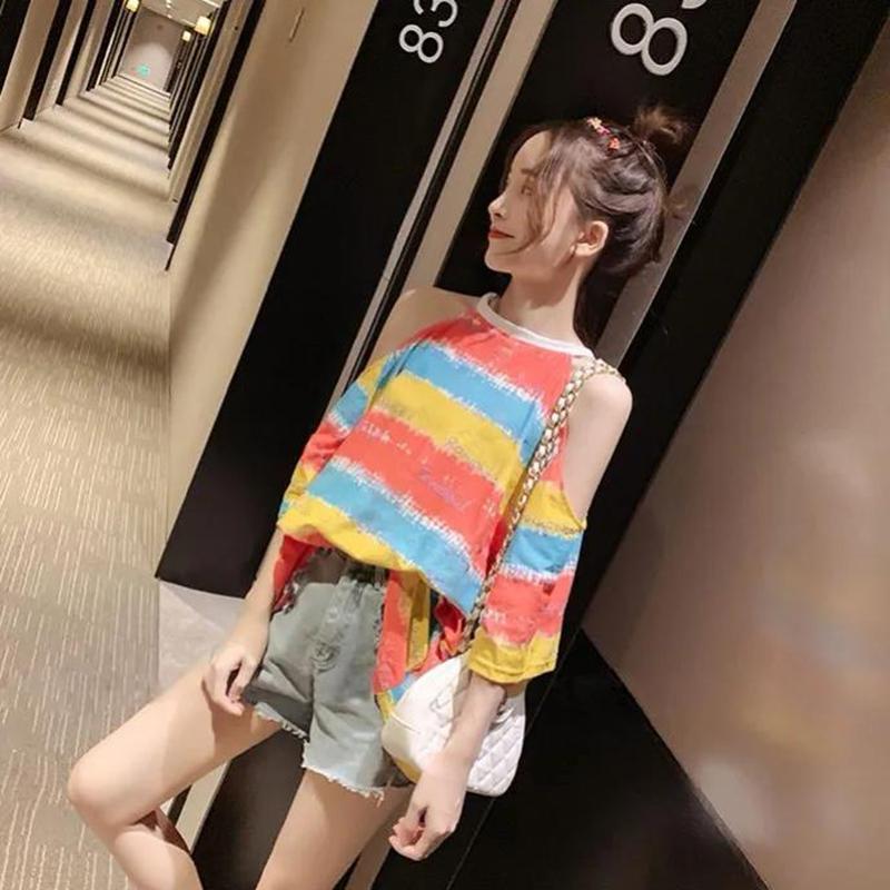 Rainbow Striped Short-sleeved T-shirt Loose Sexy Round Neck Strapless Top Women's Light and Breathable Women's Loose Casual T-shirt