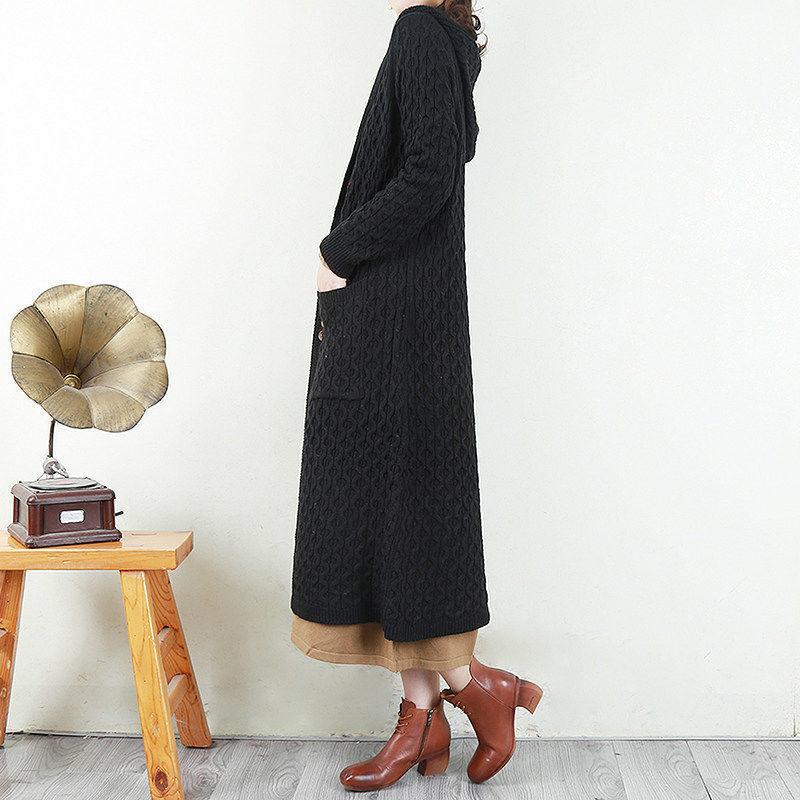 Hooded Sweater Women Loose Jacket Autumn and Winter Long Thick Knitted Cardigan Korean Version of Solid Color Twist Outside