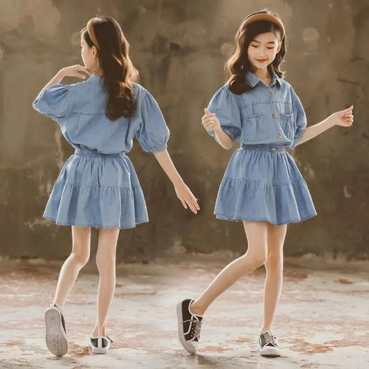 Girls' Summer Suit Korean Style Western Style Girl Denim Skirt Two-piece Suit Net Celebrity Children's Skirt Set