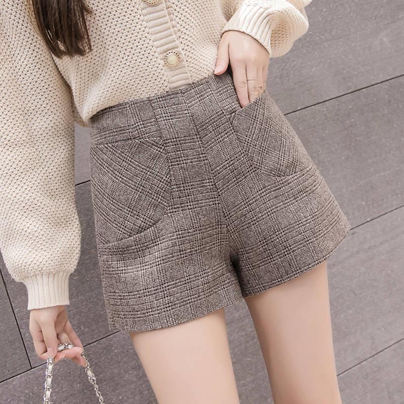 Shorts Women Classic Plaid High Waist Wide Leg Shorts with Belt Wool Boots Shorts