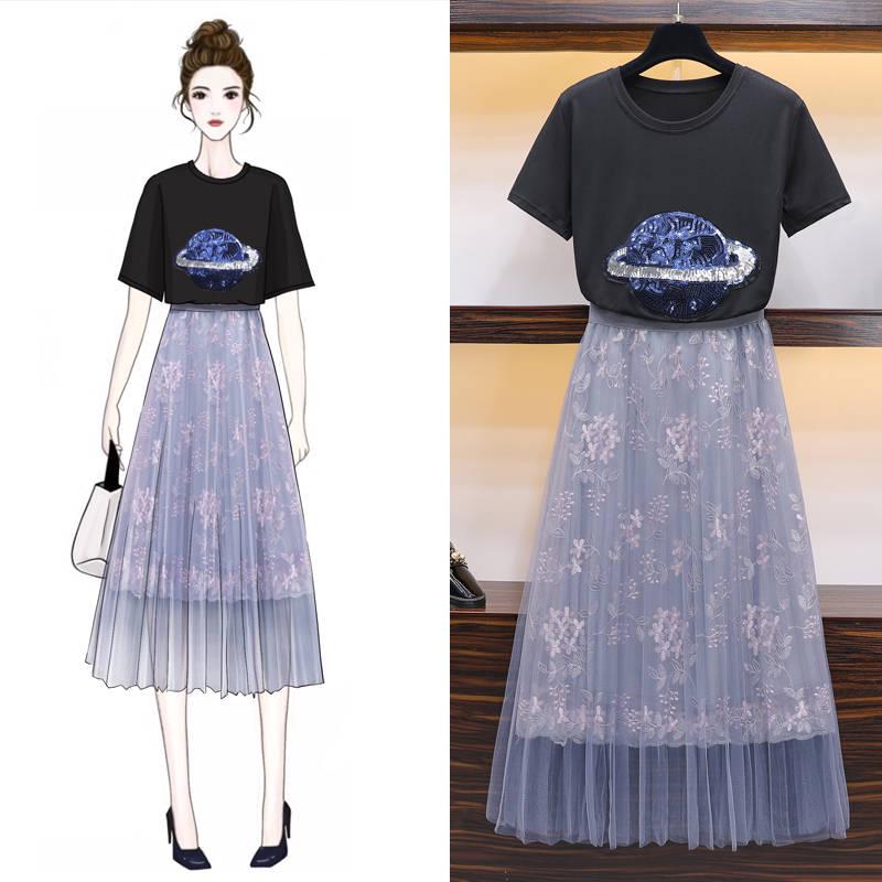 Fashion Summer Skirt Suit Women Embroidered Cotton T-shirt Printed Tulle Skirt Two-piece Suits