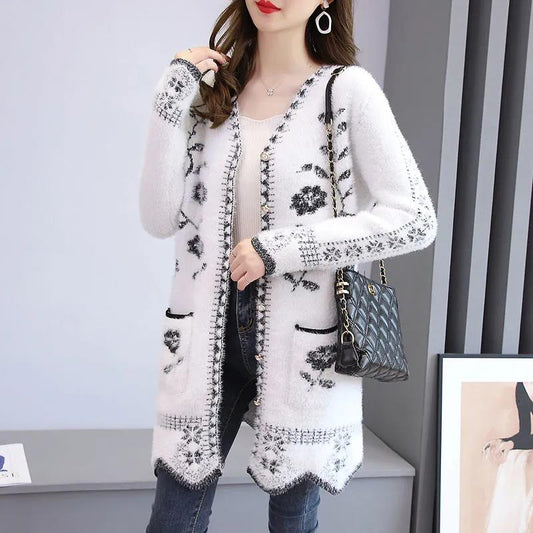 Cardigan Sweater Women's Knitted Sweater Jacket Spring and Autumn Sexy Mid-length Slim-fit Imitation Mink Jacket