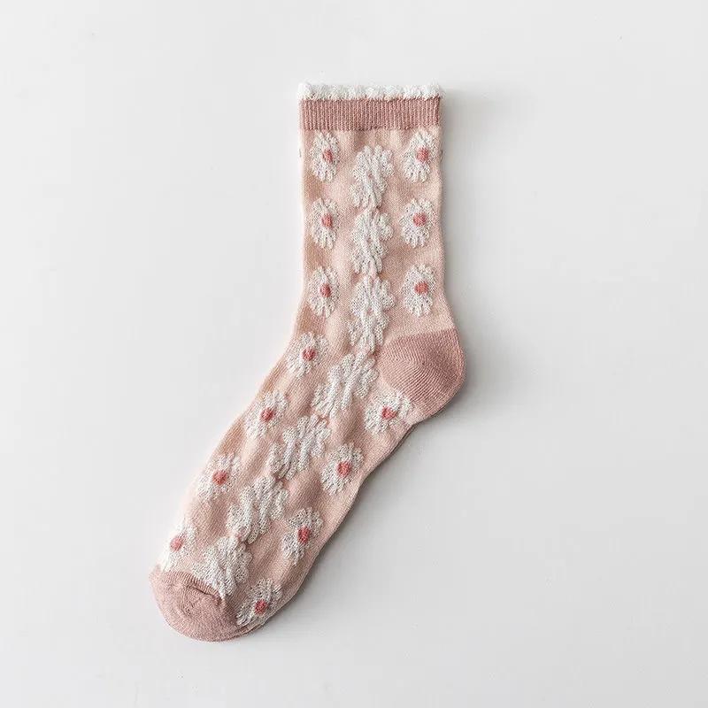 4 Pairs Women's Pink Socks Japanese Sweet Three-dimensional Jacquard Medium High Tube Stocking Spring Autumn Winter Comfortable Elastic Socks