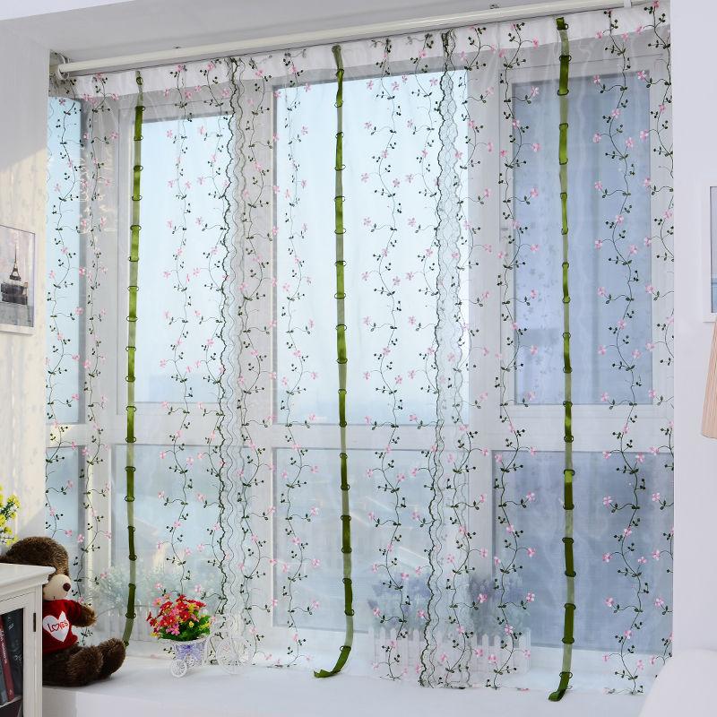 Romantic Butterfly Floral Voile Tulle Curtains Draw String  Door Window Curtain Balcony Panel Sheer Curtains