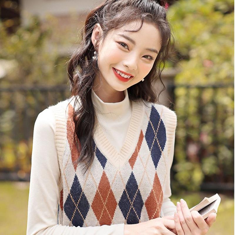 Vintage Plaid Sweater Vest Ladies Female Women V-neck Sleeveless Tank College Style Knitting Pullovers Tops for Daily