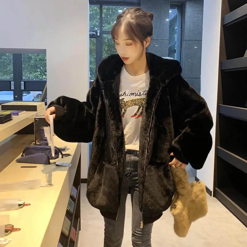 Korean Version of Loose Plush Coat Women's Winter Rex Rabbit Fur Padded Hooded Coat