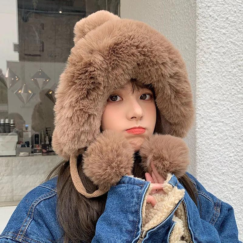 Women's Knitted Hat Fashion Rabbit Fur Stitching Woolen Hat Winter Plus Velvet Thickening Outdoor Windproof Ear Protection One