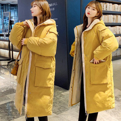 Winter Fashion Over-the-knee Down Padded Jacket Women Mid-length Loose Large Size Hooded Thick Warm Cotton Jacket