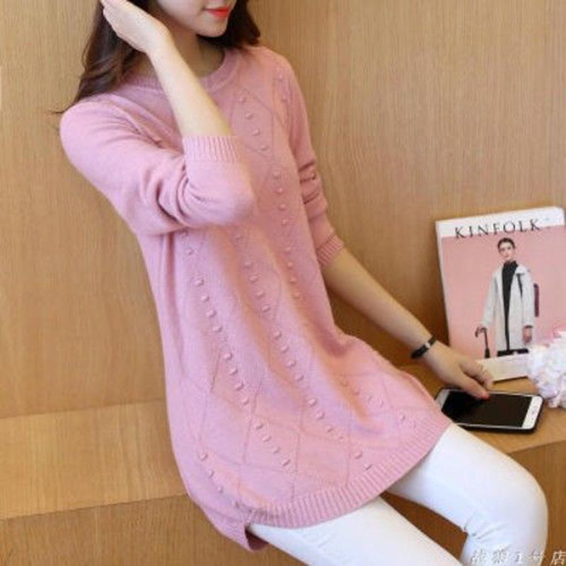 Autumn and Winter Knit Sweater Close-fitting Slim-fit Sweater Women Mid-length Loose Long-sleeved Bottoming Shirt Pullover Round Neck Thin Style