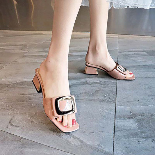 High Heels Slippers Women Mid-heel Sandals  Summer All-match Thick-heeled  Open Toe Sandals